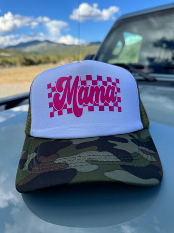 Pink Checkered Mama Trucker Hat