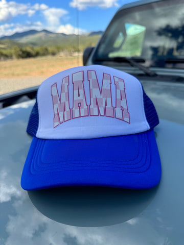 Royal Blue/Pink Checkered Mama Trucker Hat