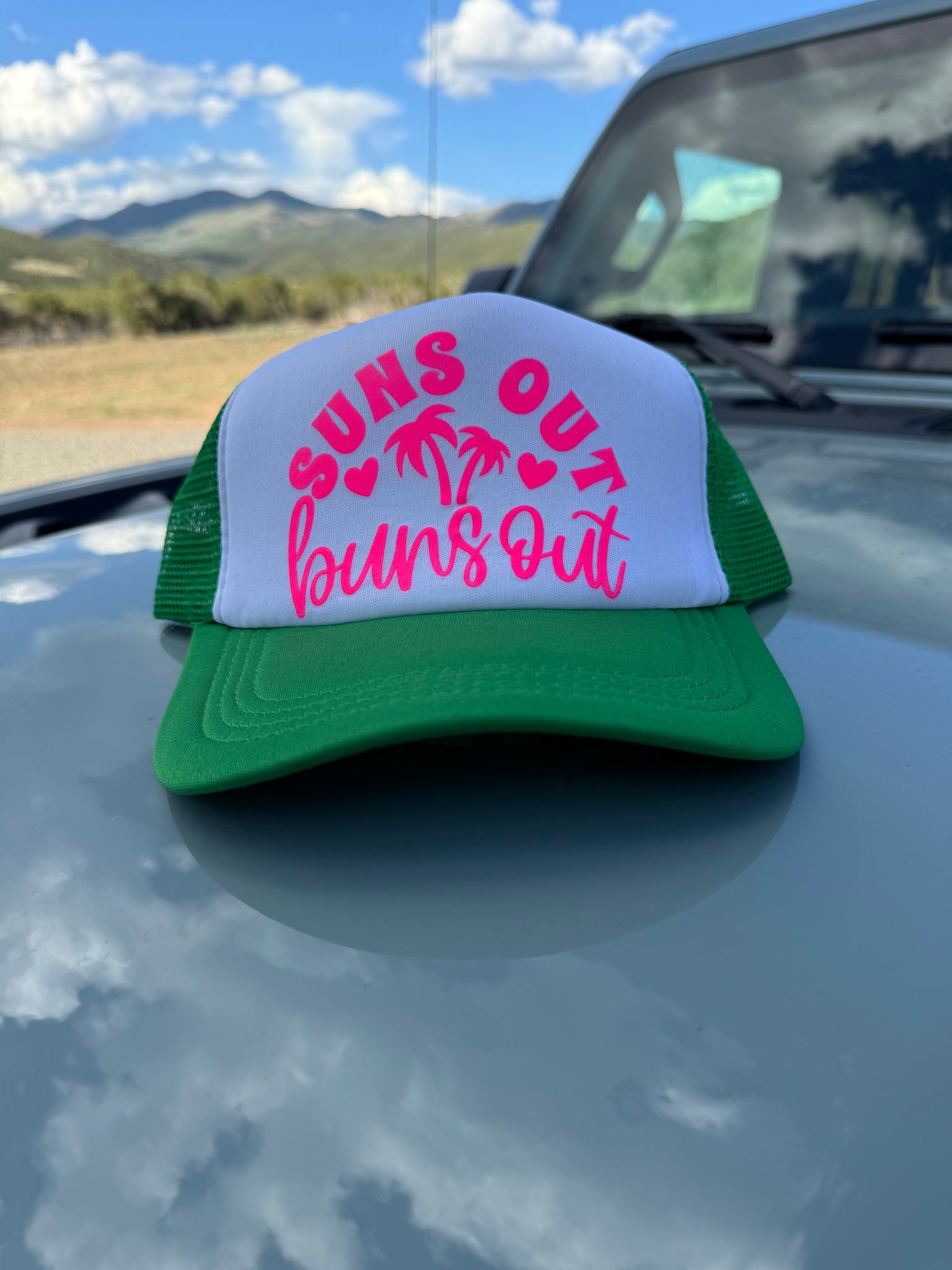 Neon Hot Pink Suns Out Buns Out Trucker Hat